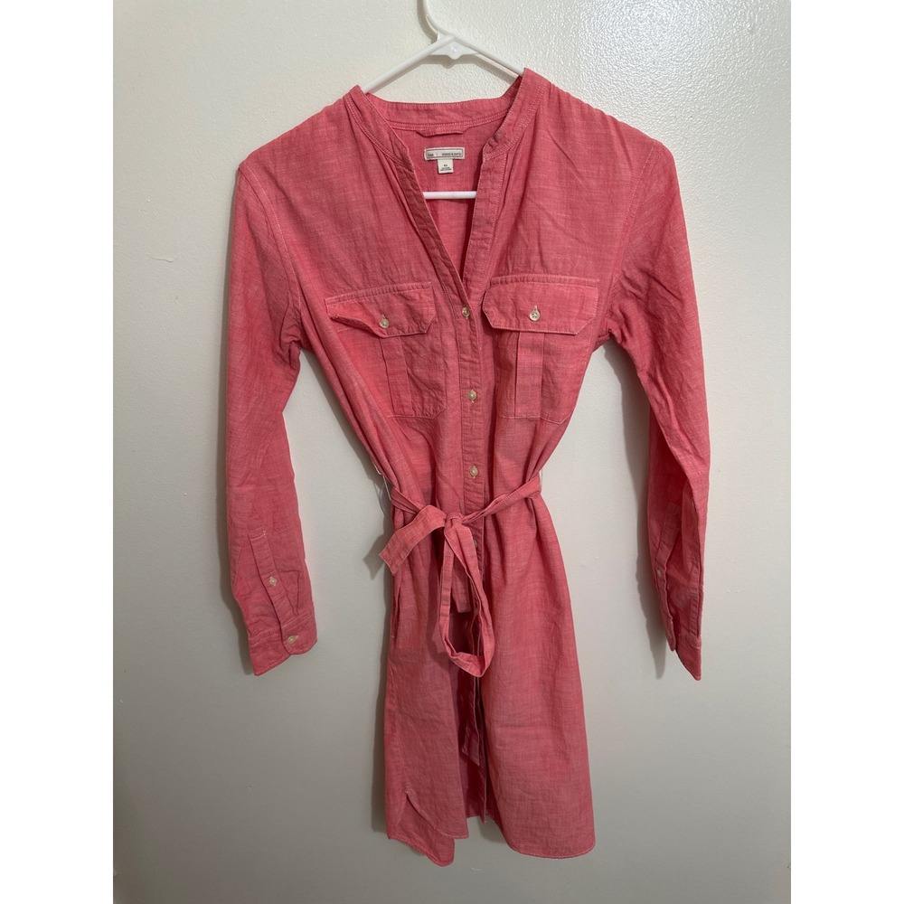 Gap Womens Coral Pink Cotton Chambray Shirt Dress XS Long Sleeve Tie Waist